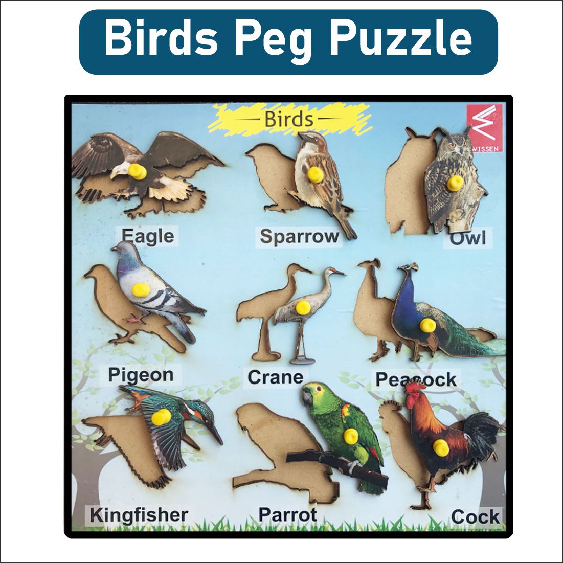 Wooden Birds Peg Board Puzzle- 12*12 inch