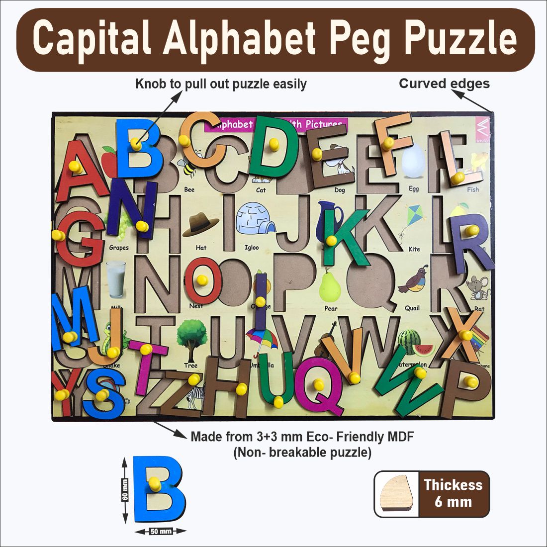 Wooden Capital Alphabet Peg Board Puzzle- 12*18 inch