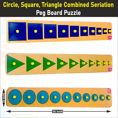 Wooden Seriation Combined-Circle, Square, Triangle Peg Board Puzzle- 18*4 inch-Set of 3