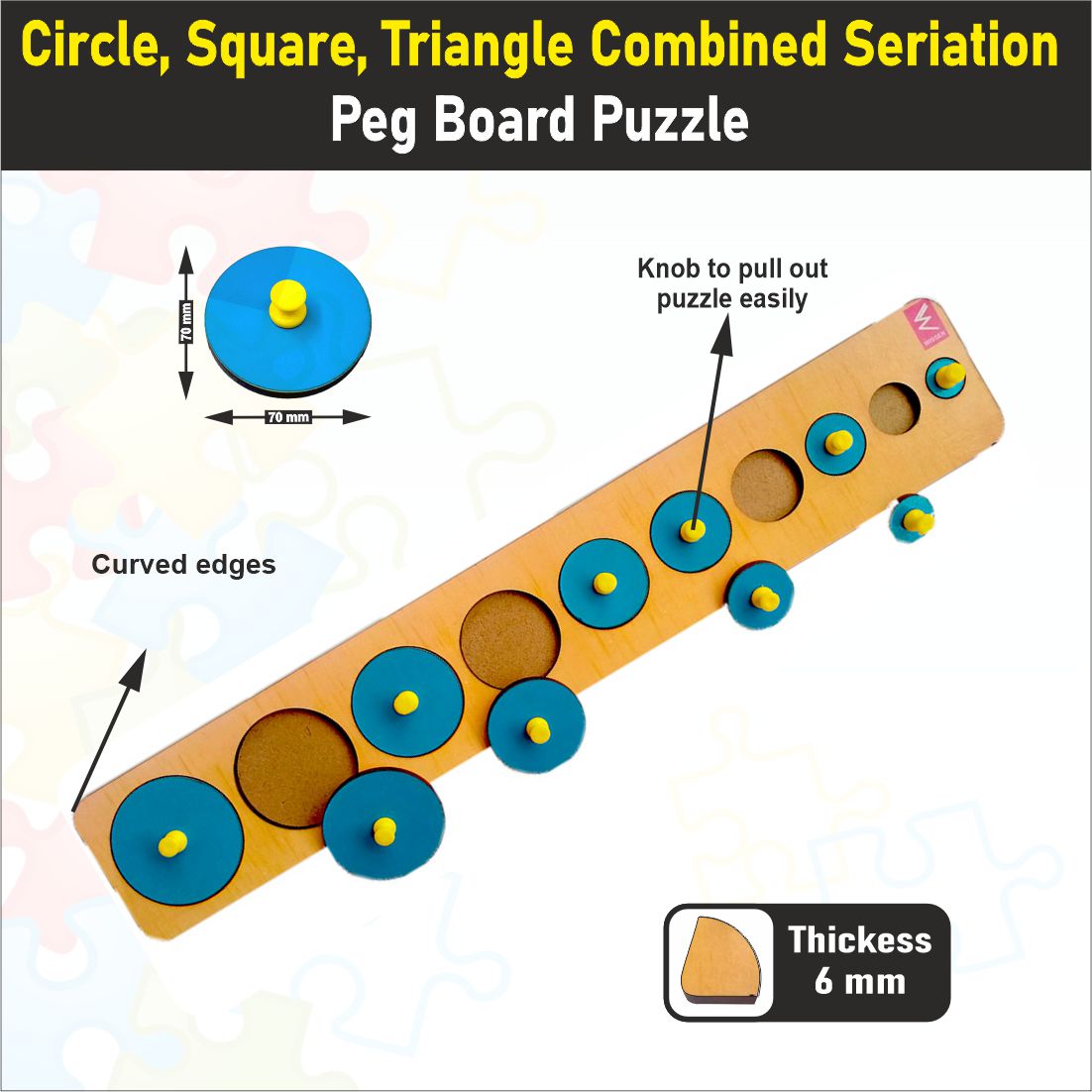 Wooden Seriation Combined-Circle, Square, Triangle Peg Board Puzzle- 18*4 inch-Set of 3