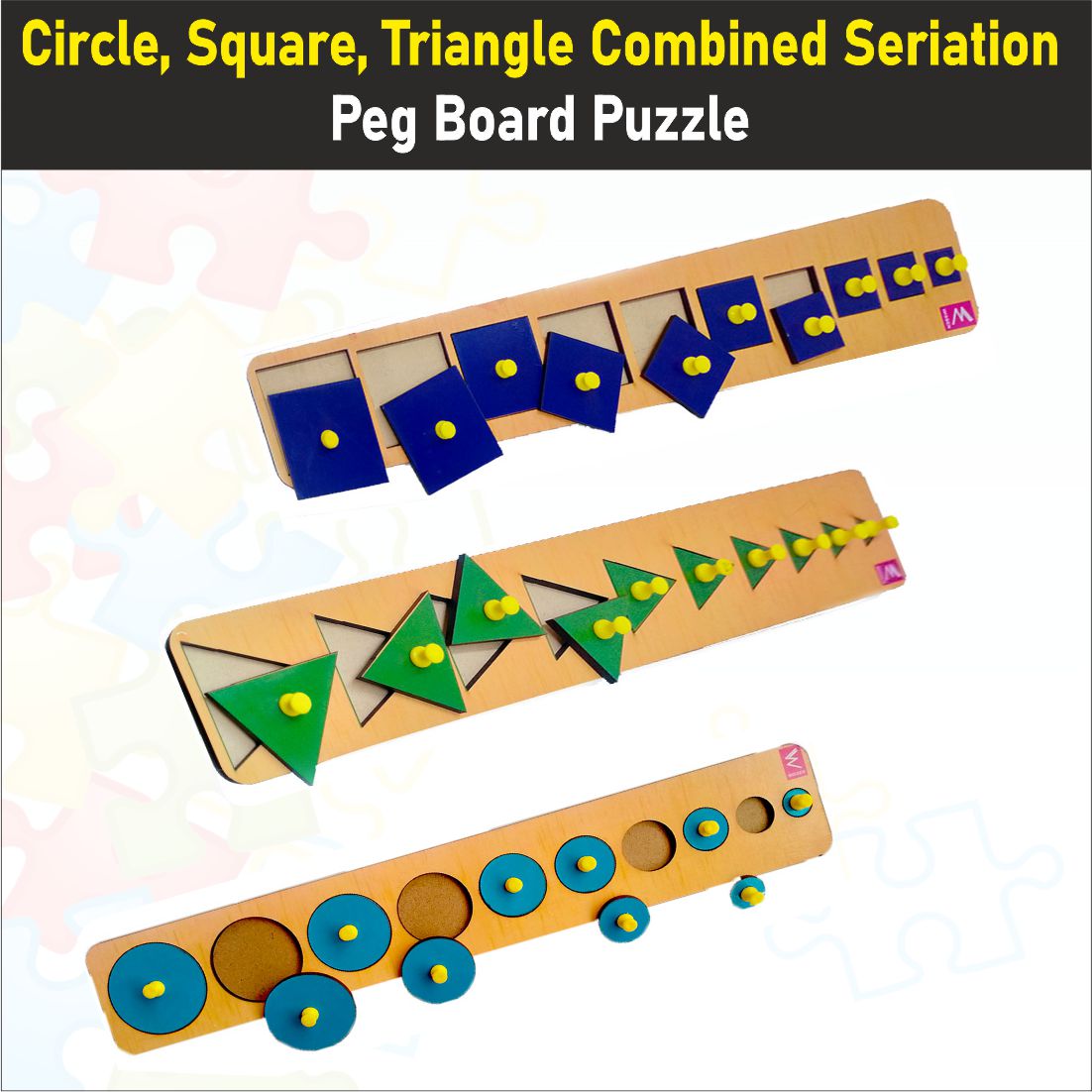 Wooden Seriation Combined-Circle, Square, Triangle Peg Board Puzzle- 18*4 inch-Set of 3