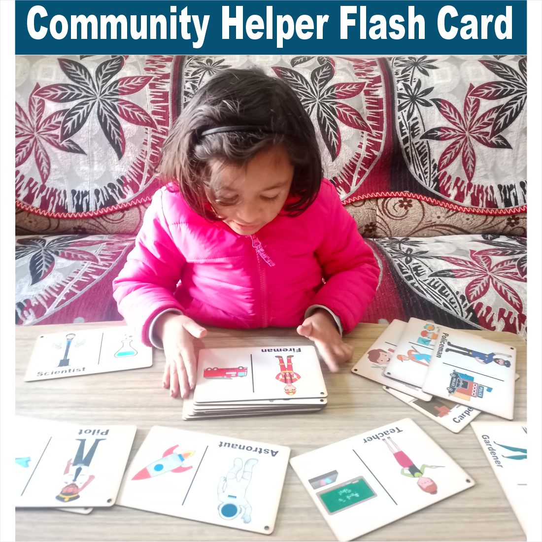 Wooden (MDF) Community helpers Learning Flash card with lacing thread.