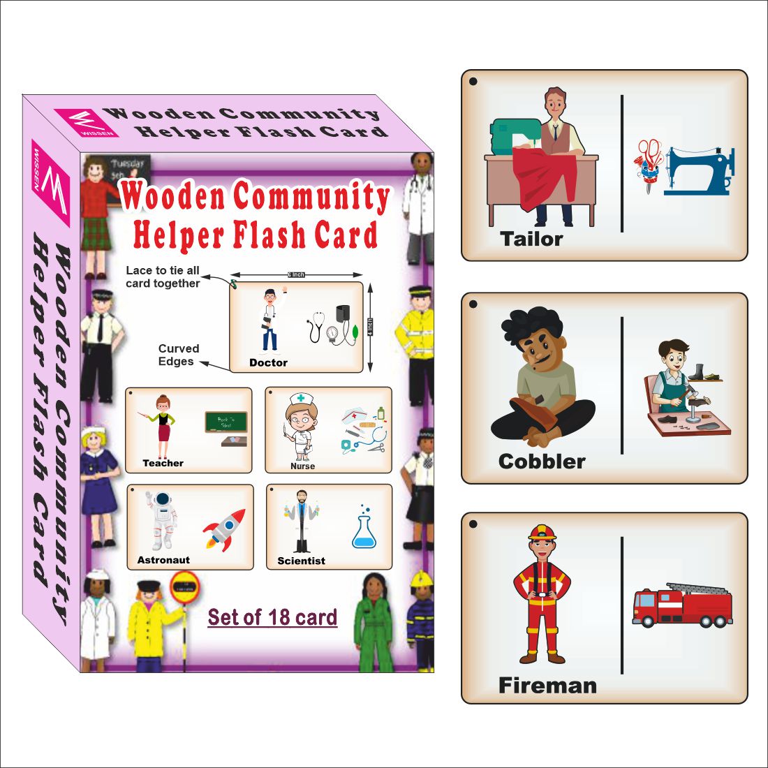 Wooden (MDF) Community helpers Learning Flash card with lacing thread.