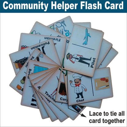 Wooden (MDF) Community helpers Learning Flash card with lacing thread.