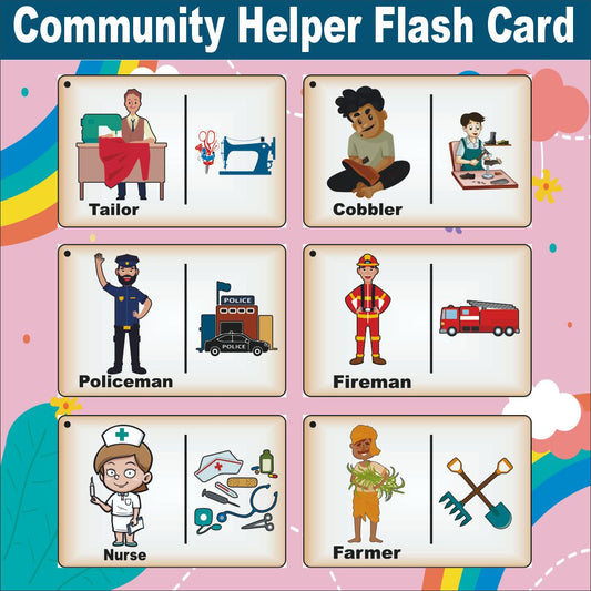 Wooden (MDF) Community helpers Learning Flash card with lacing thread.