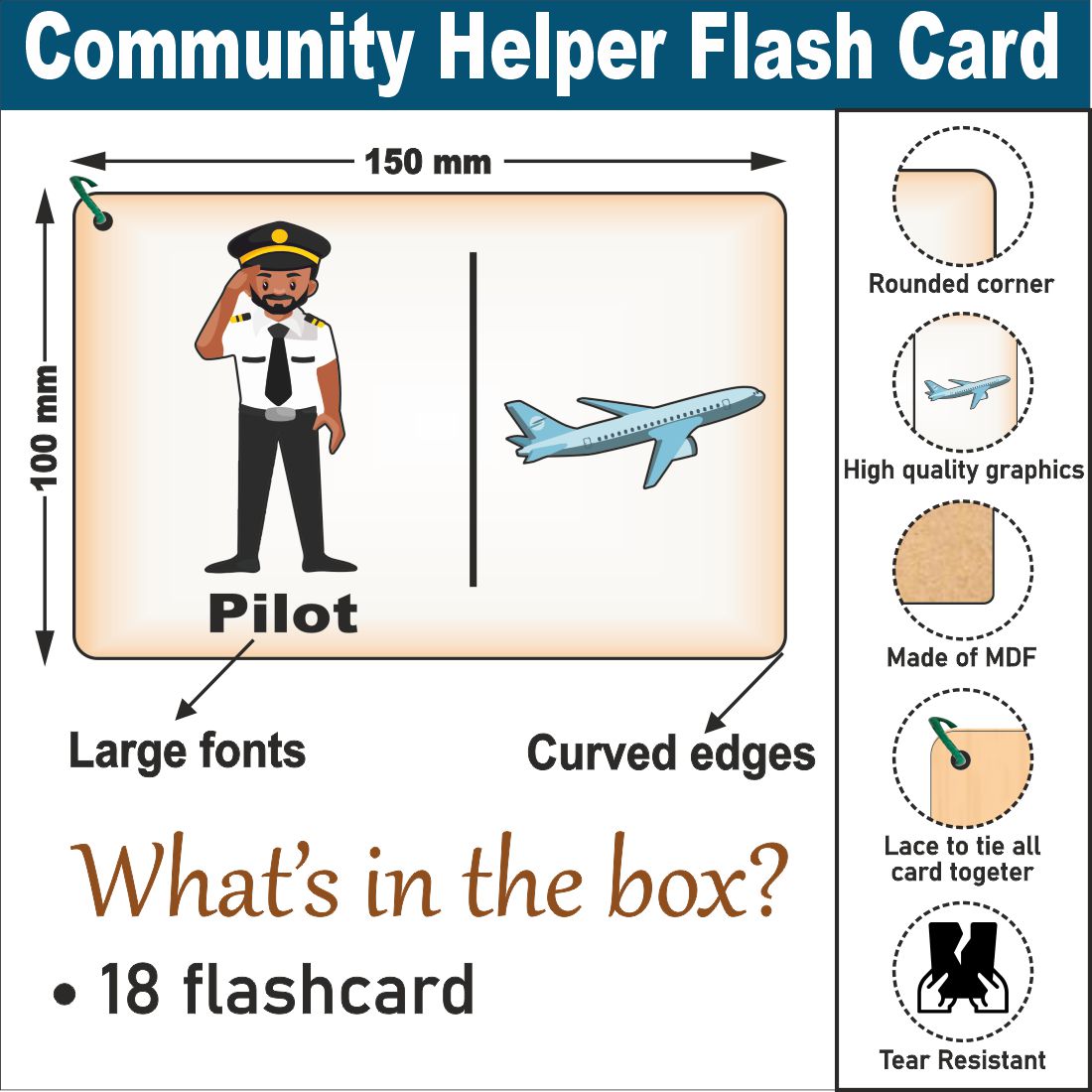 Wooden (MDF) Community helpers Learning Flash card with lacing thread.