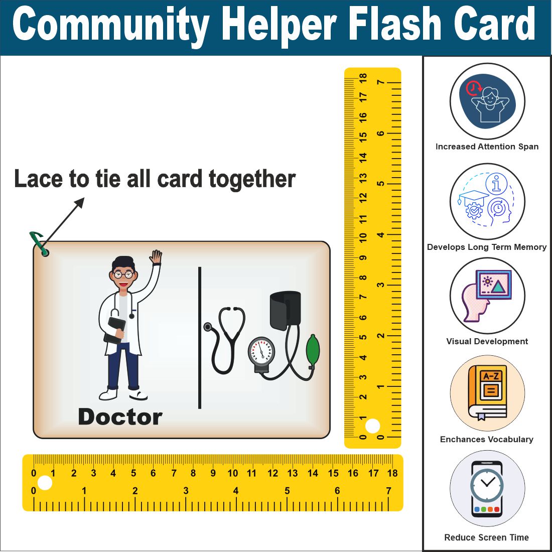 Wooden (MDF) Community helpers Learning Flash card with lacing thread.