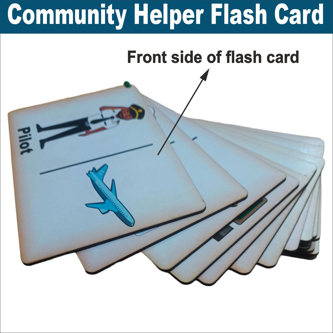 Wooden (MDF) Community helpers Learning Flash card with lacing thread.