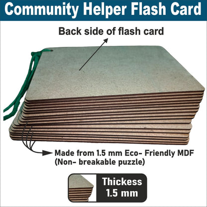 Wooden (MDF) Community helpers Learning Flash card with lacing thread.