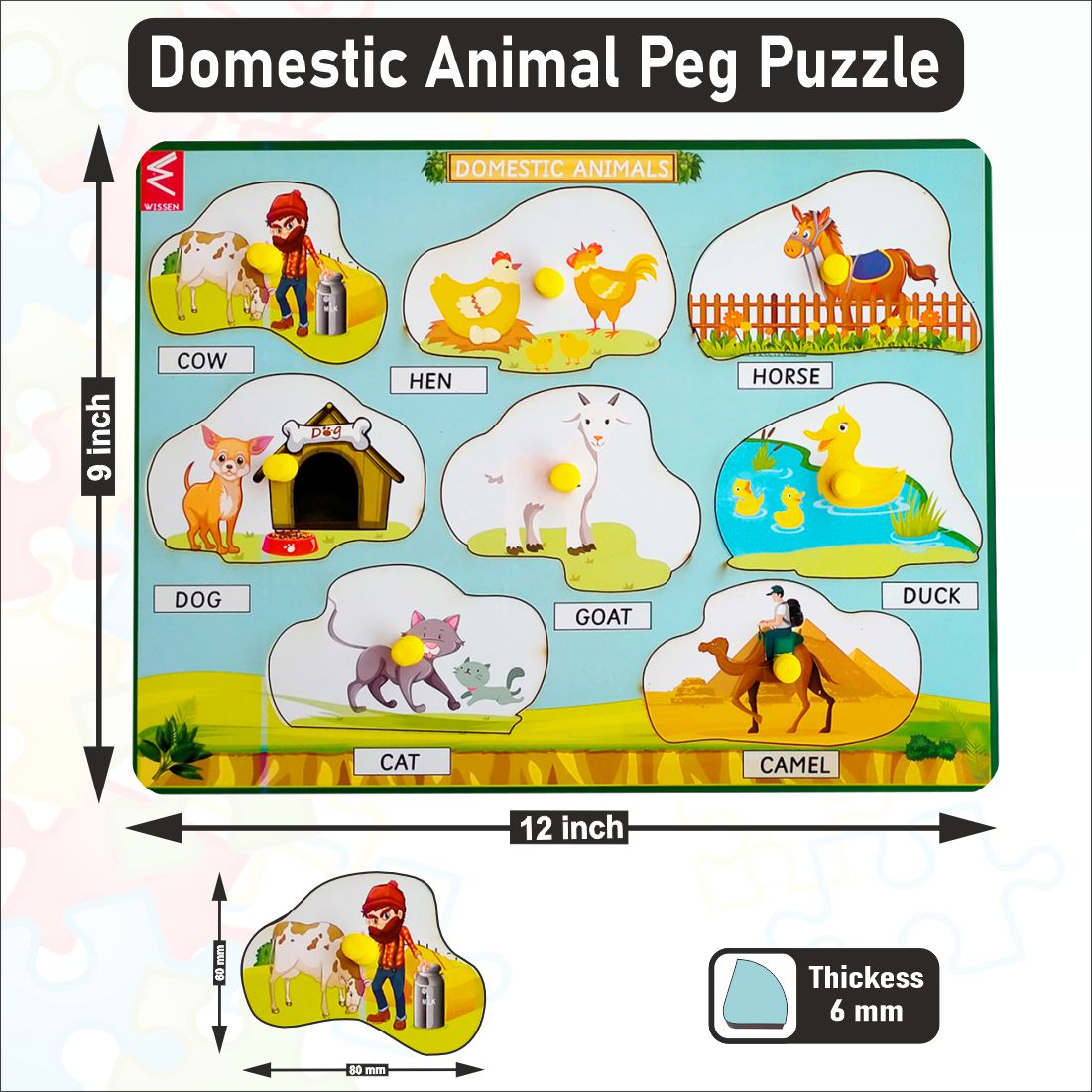 Wooden Domestic Animals Learning Peg Board Puzzle 12*9 inch