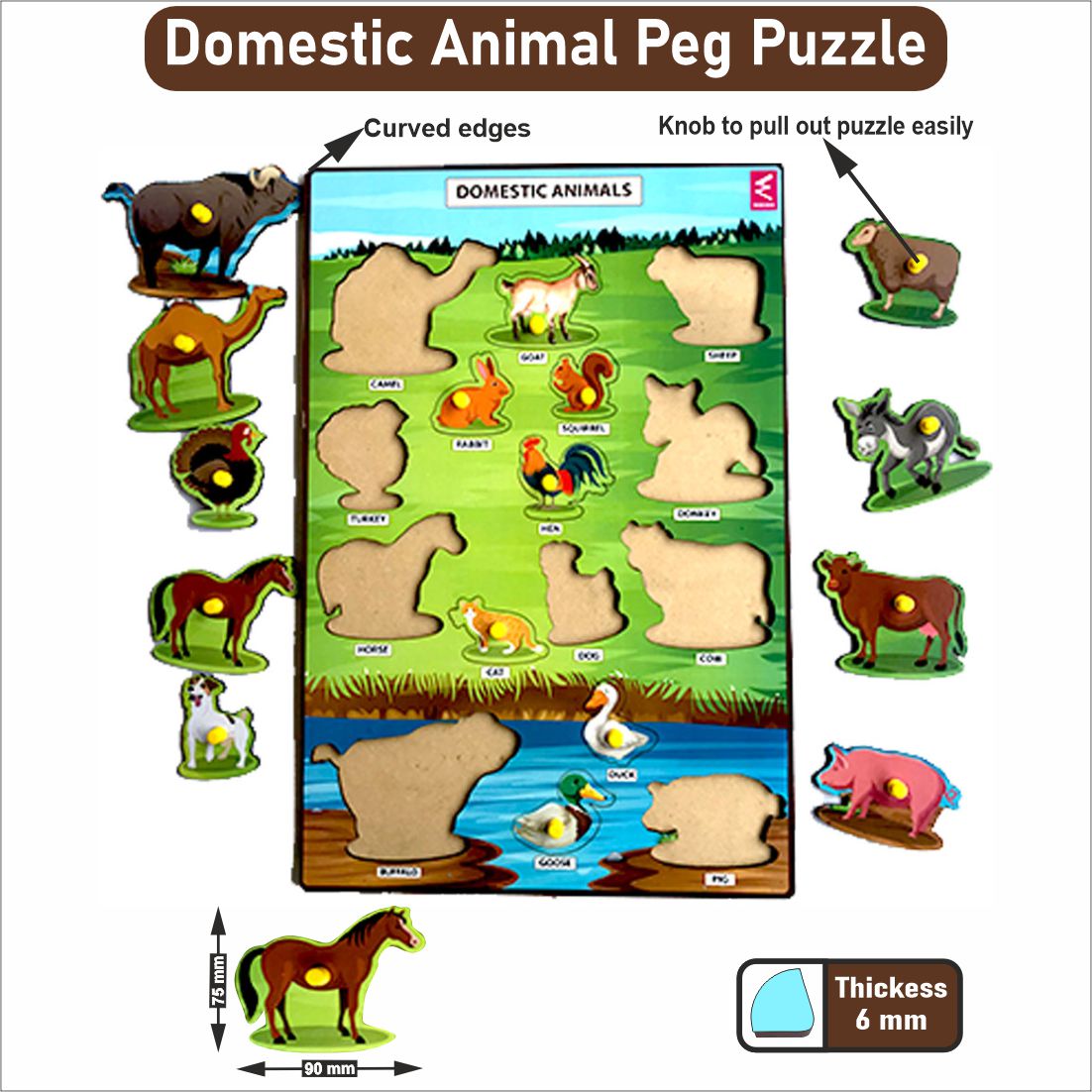 Wooden Domestic Animals Learning Peg Board Puzzle 12*18 inch