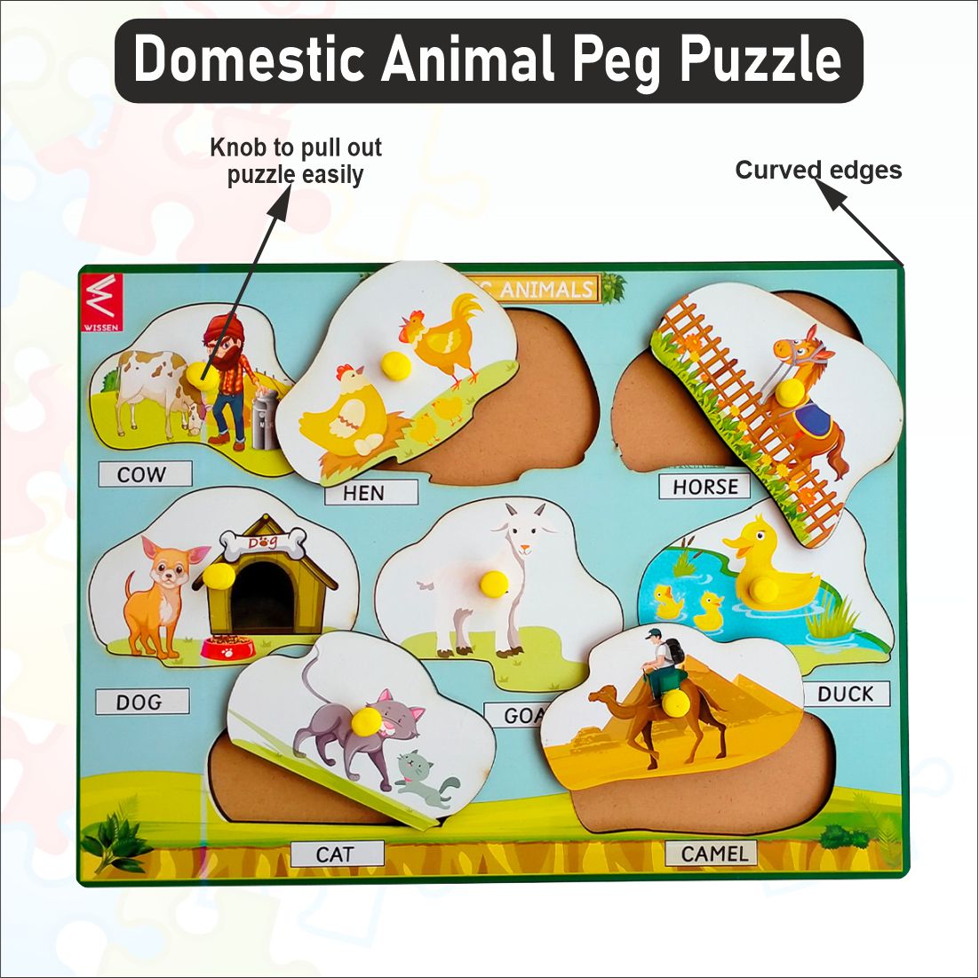 Wooden Domestic Animals Learning Peg Board Puzzle 12*9 inch