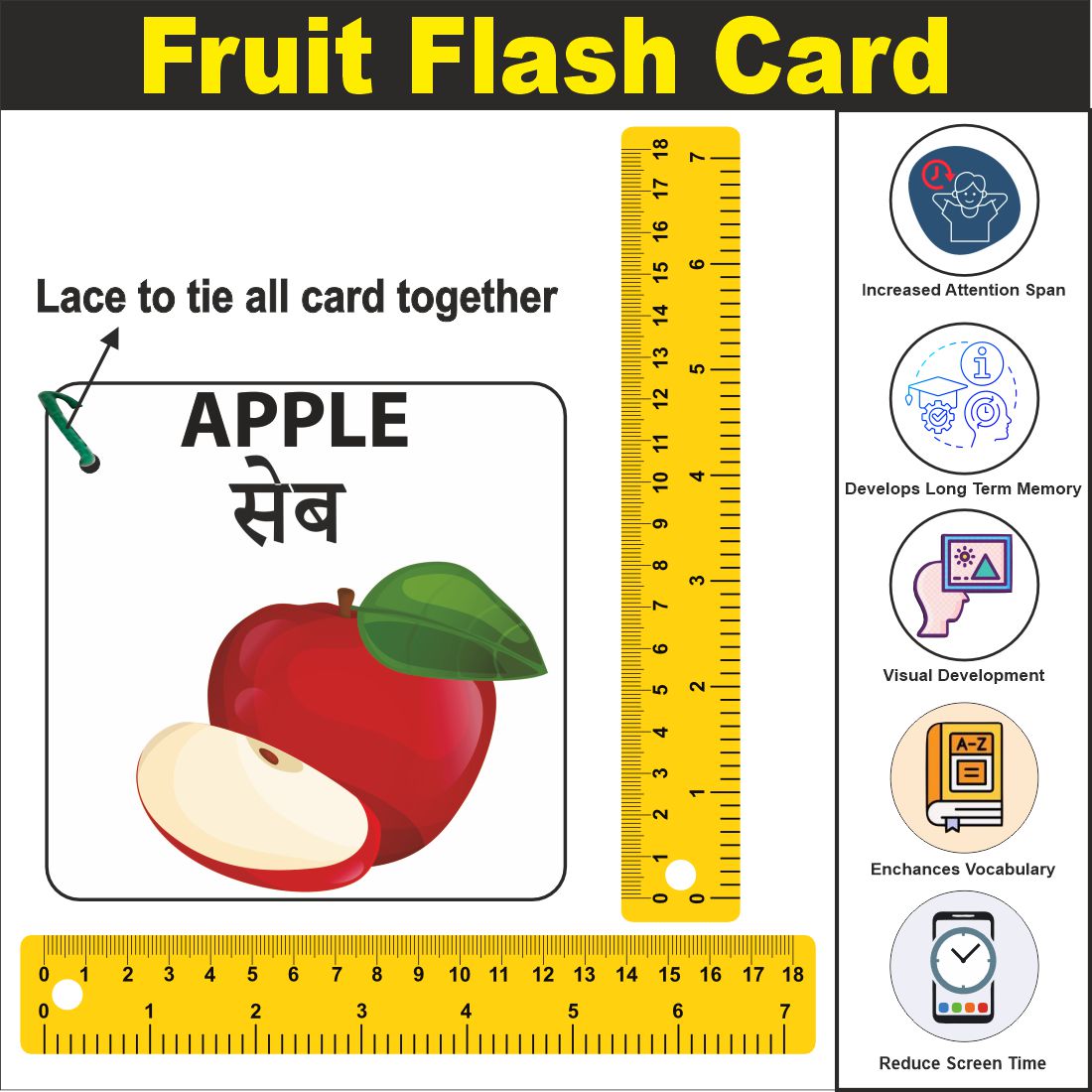 Wooden (MDF) Fruits  Learning Flash card with lacing thread.