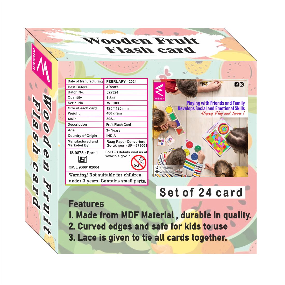 Wooden (MDF) Fruits  Learning Flash card with lacing thread.