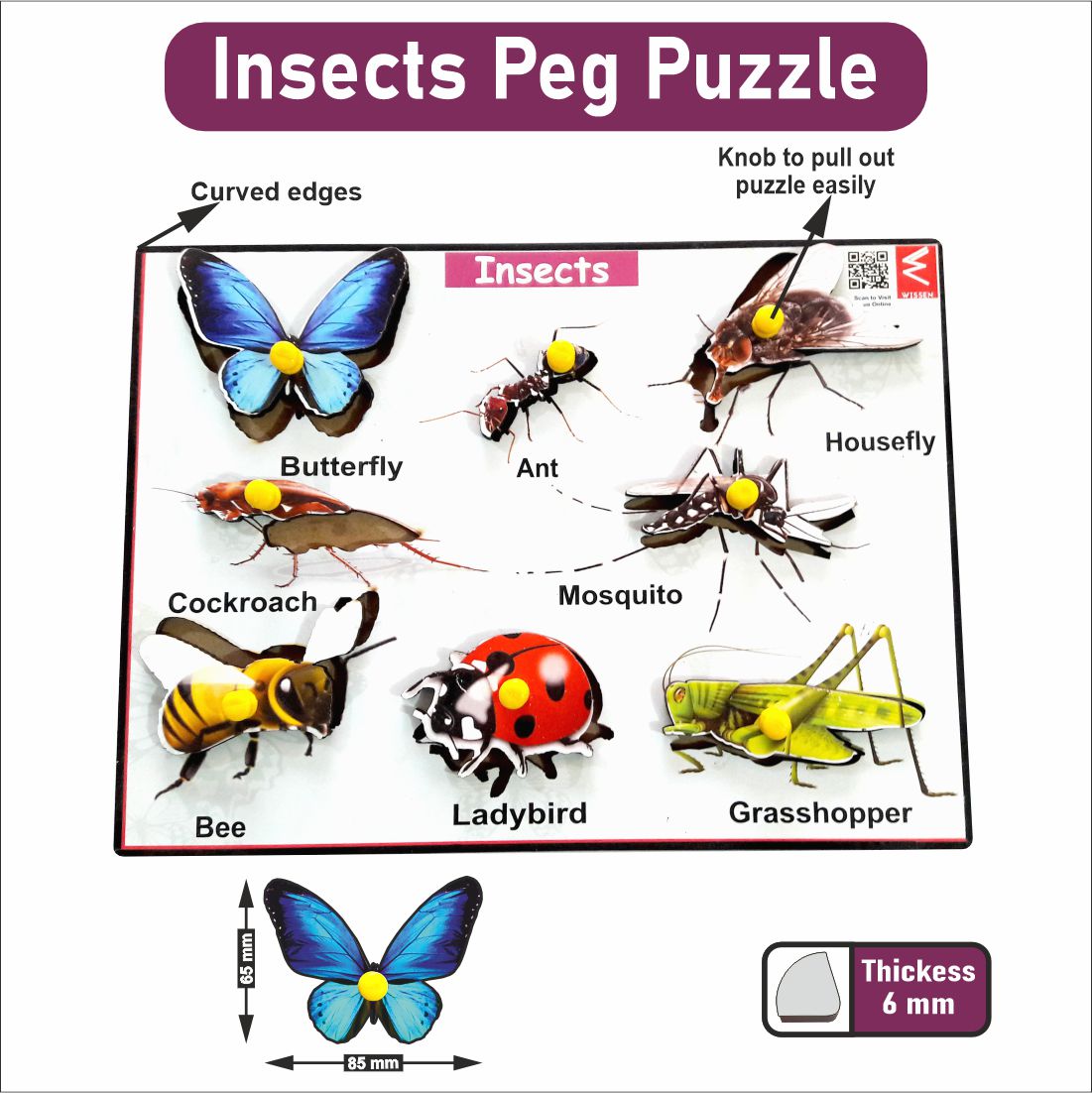 Wooden Insects Peg Board Puzzle- 12*9 inch