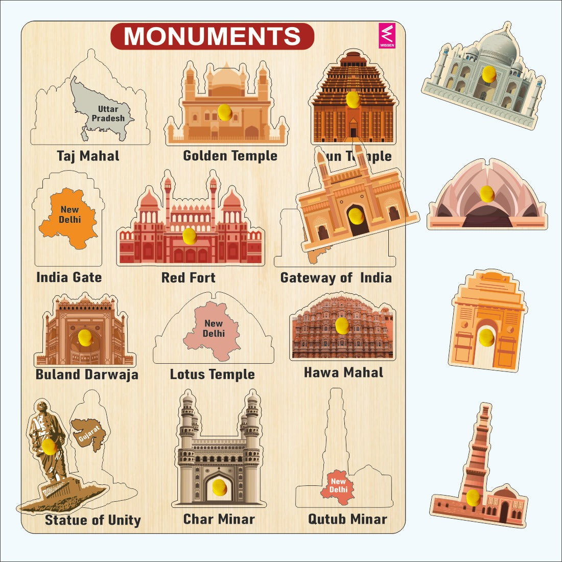 WISSEN Wooden Hide and See Monuments and State Match peg board Puzzle