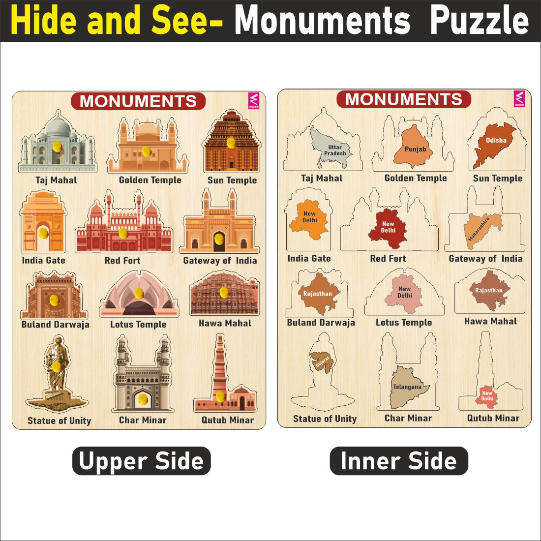 WISSEN Wooden Hide and See Monuments and State Match peg board Puzzle