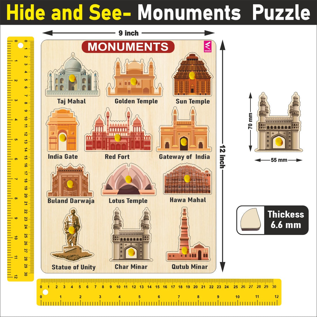 WISSEN Wooden Hide and See Monuments and State Match peg board Puzzle