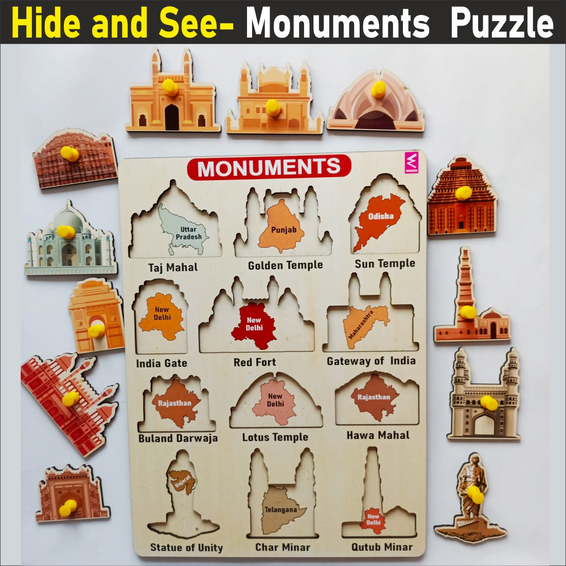 WISSEN Wooden Hide and See Monuments and State Match peg board Puzzle