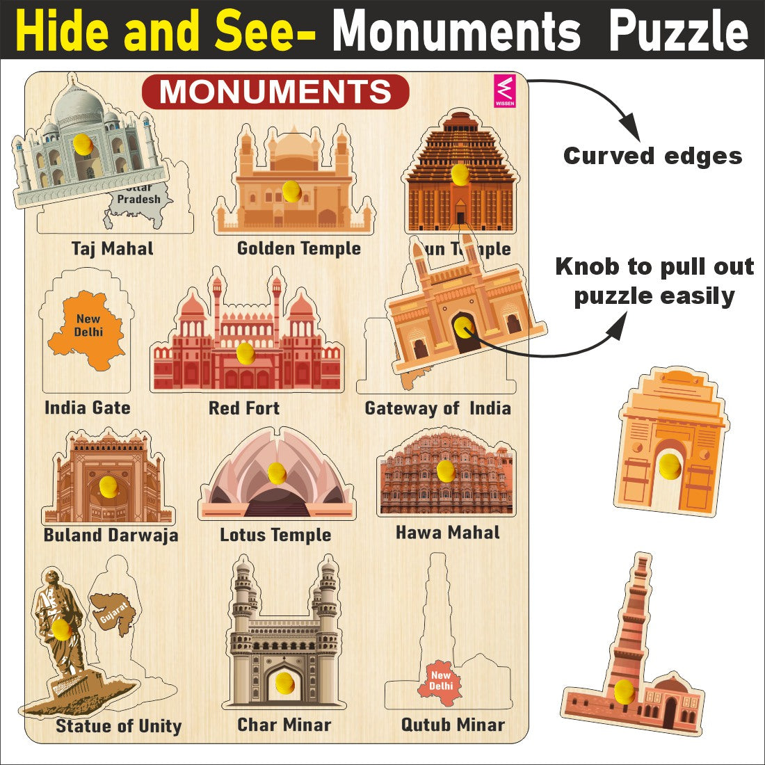 WISSEN Wooden Hide and See Monuments and State Match peg board Puzzle