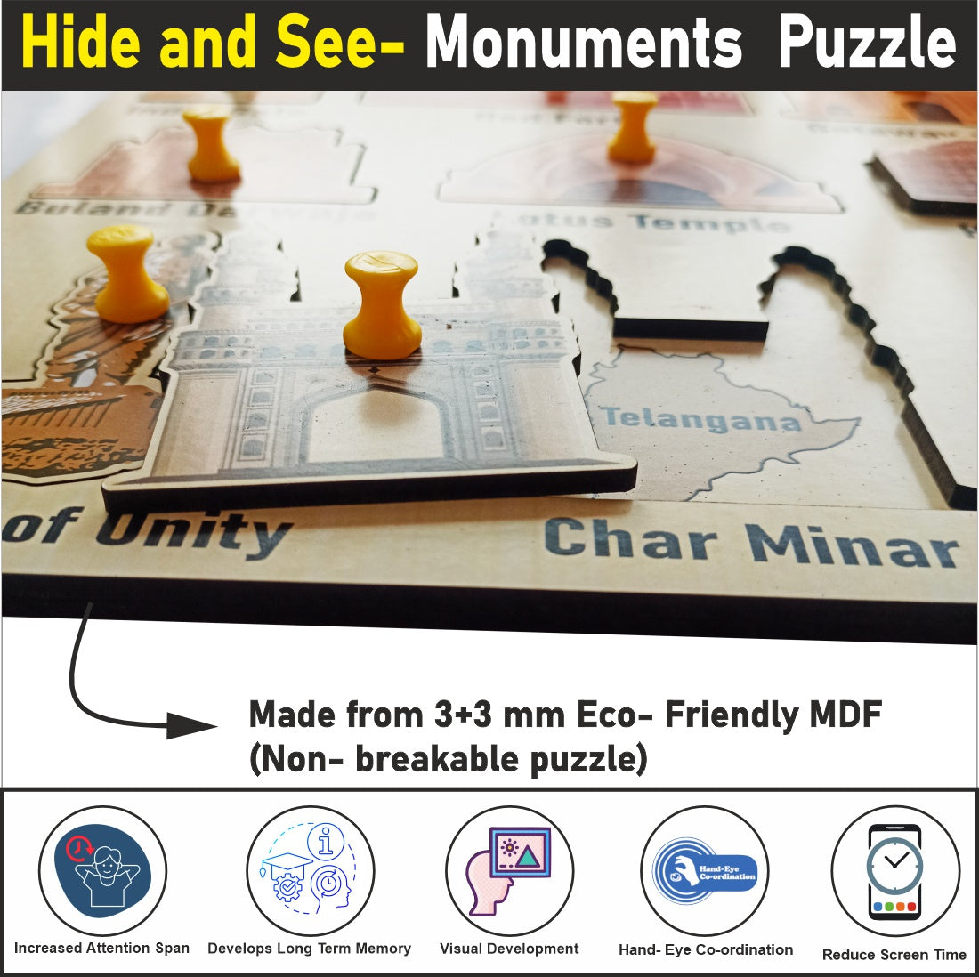 WISSEN Wooden Hide and See Monuments and State Match peg board Puzzle