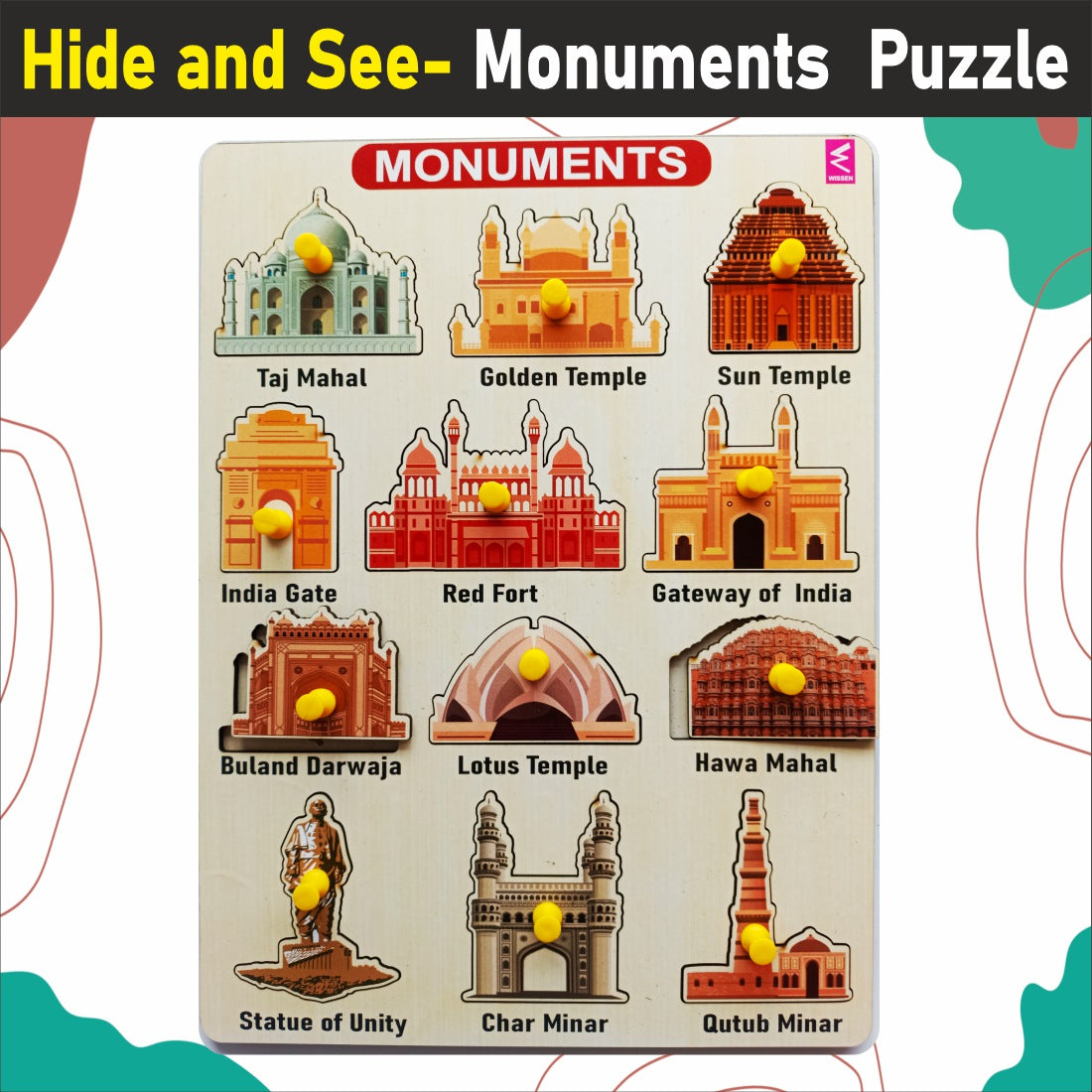 WISSEN Wooden Hide and See Monuments and State Match peg board Puzzle