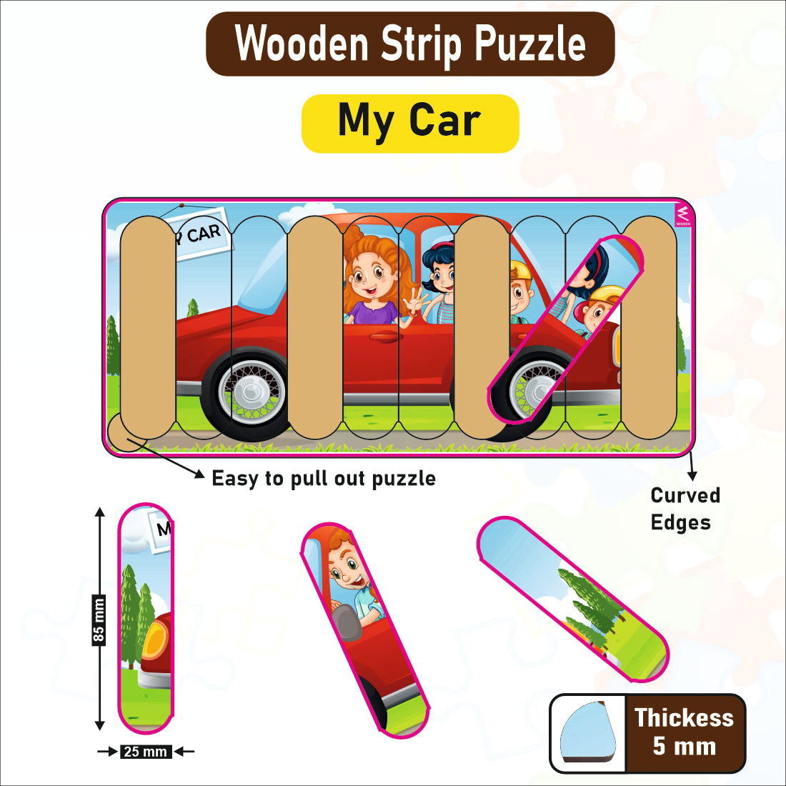 Wooden Strip Puzzle -My Car Design  -9*4 inch