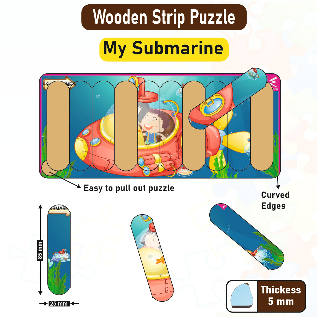 Wooden Strip Puzzle -My Submarine Design  -9*4 inch