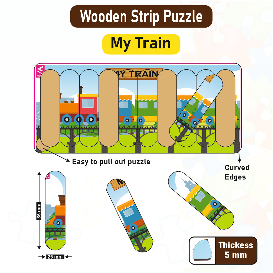 Wooden Strip Puzzle -My Train Design  -9*4 inch