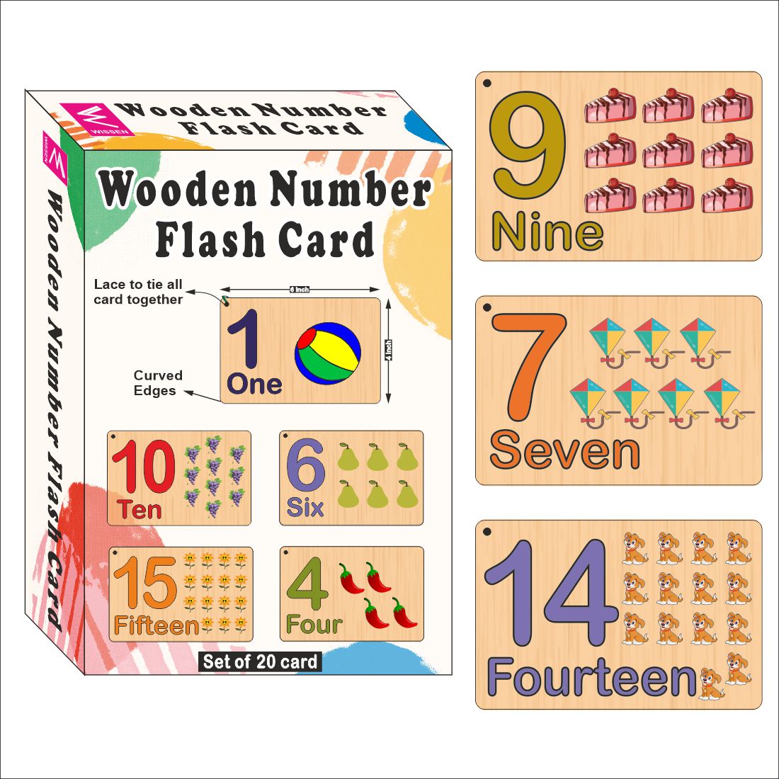 Wooden (MDF) Numbers 1-20 Learning Flash card with lacing thread.