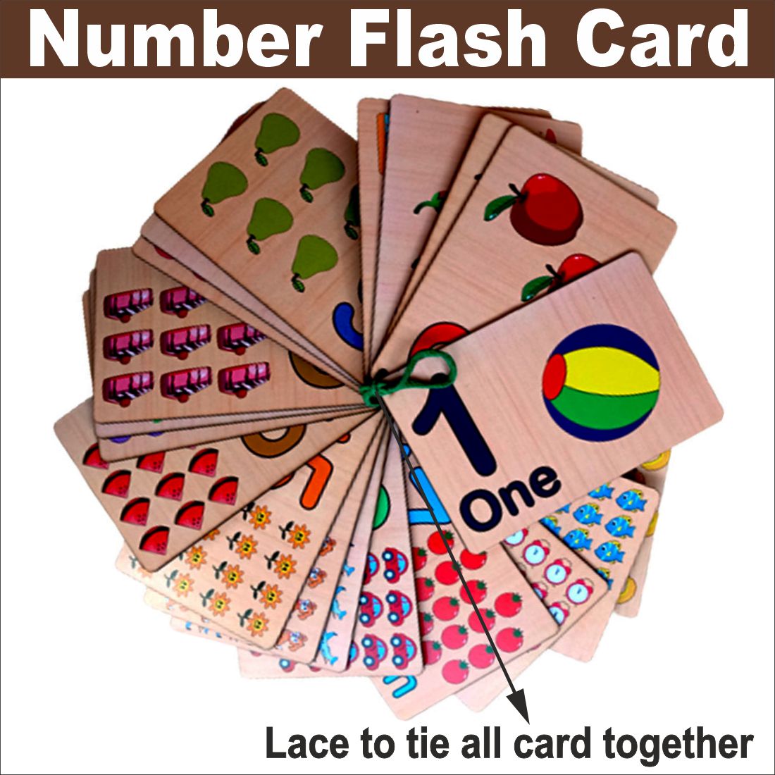 Wooden (MDF) Numbers 1-20 Learning Flash card with lacing thread.