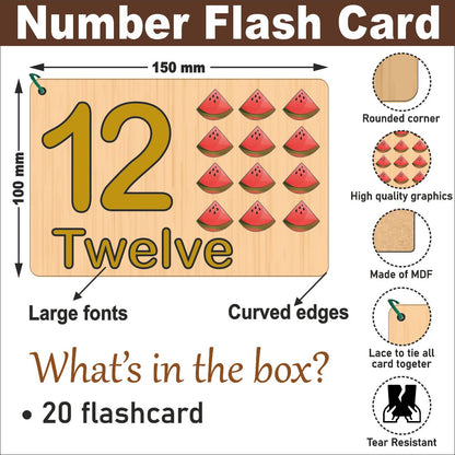 Wooden (MDF) Numbers 1-20 Learning Flash card with lacing thread.