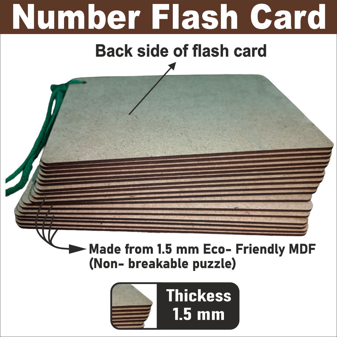 Wooden (MDF) Numbers 1-20 Learning Flash card with lacing thread.