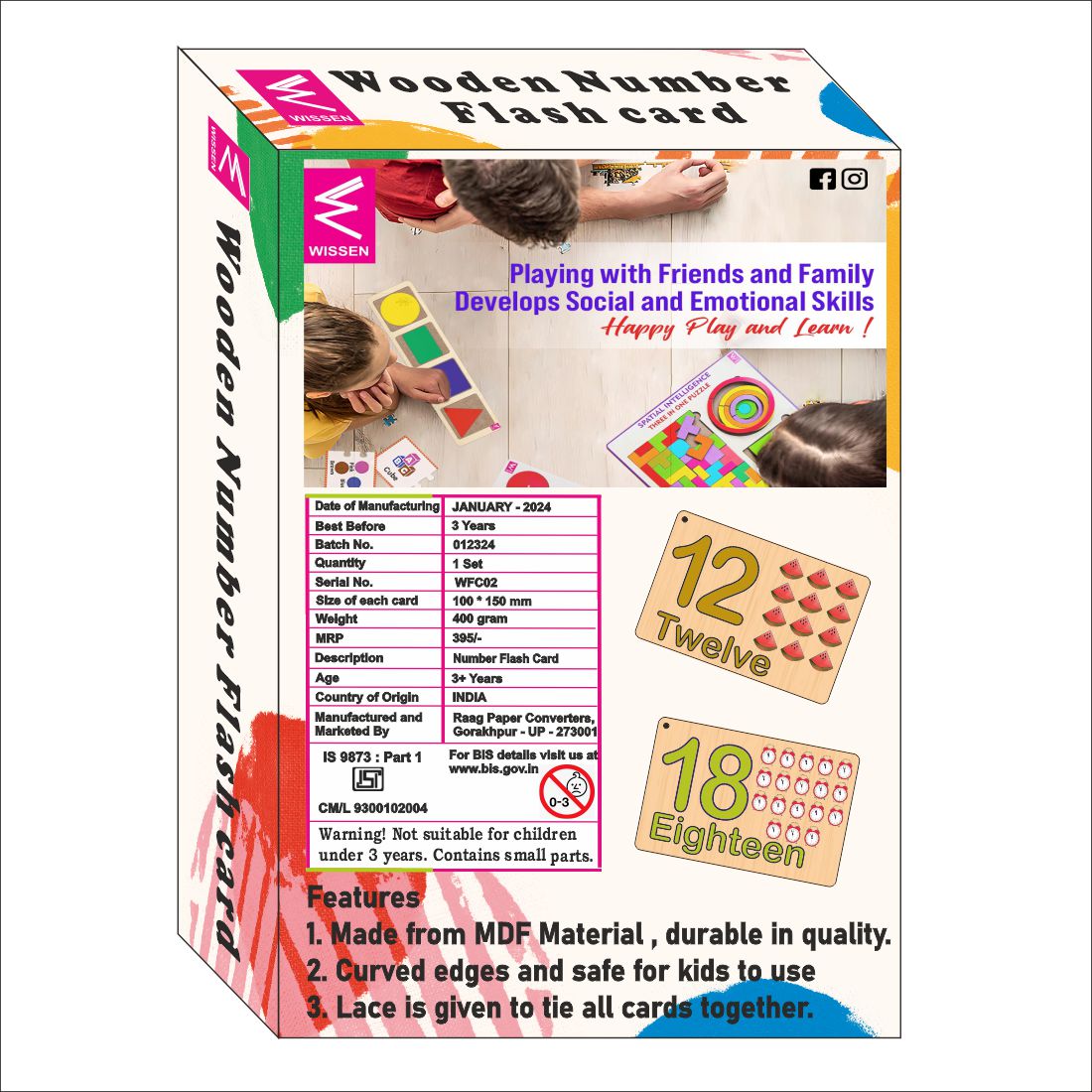 Wooden (MDF) Numbers 1-20 Learning Flash card with lacing thread.