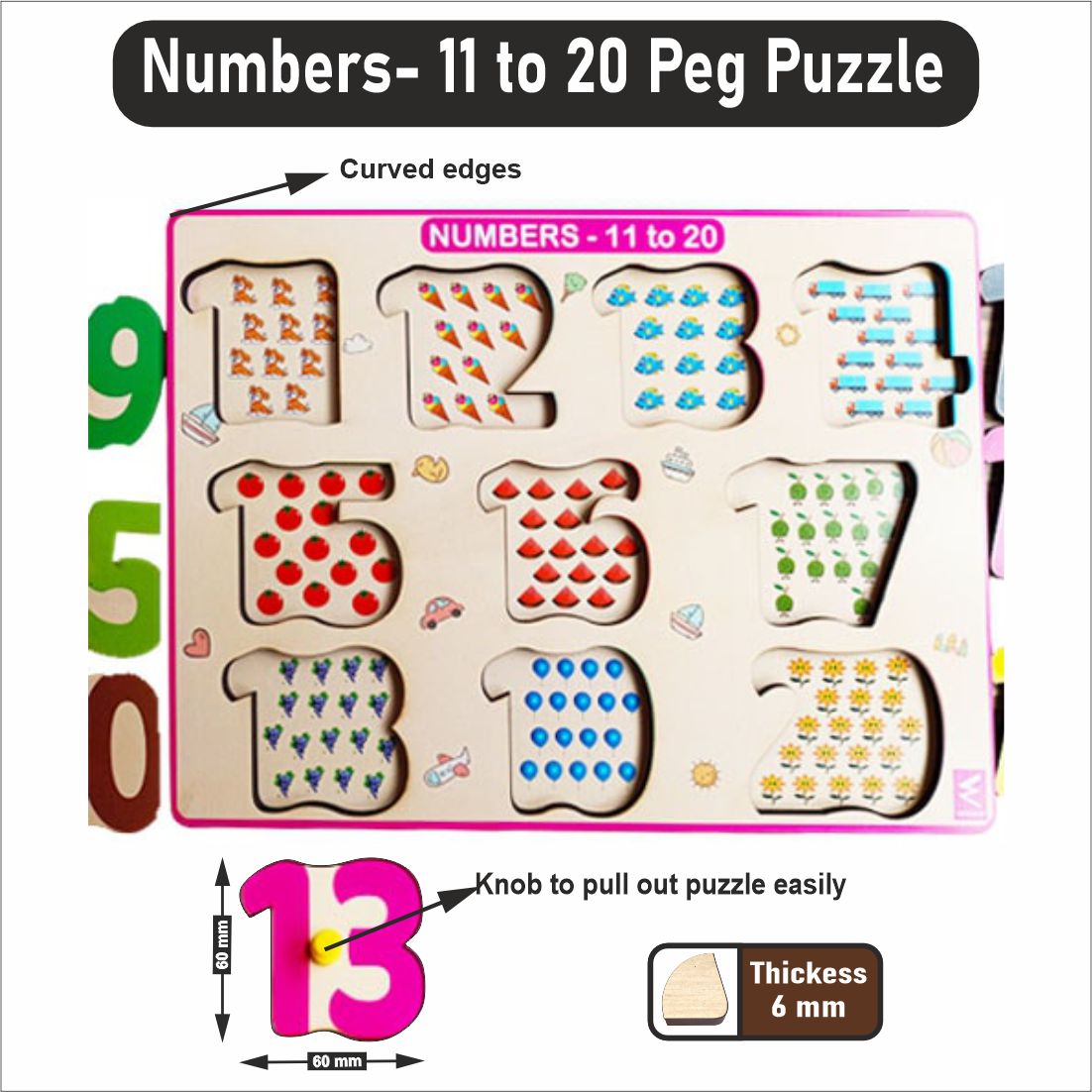 Wooden Hide and See Numbers 11-20 Peg Board Puzzle- 12*9 inch