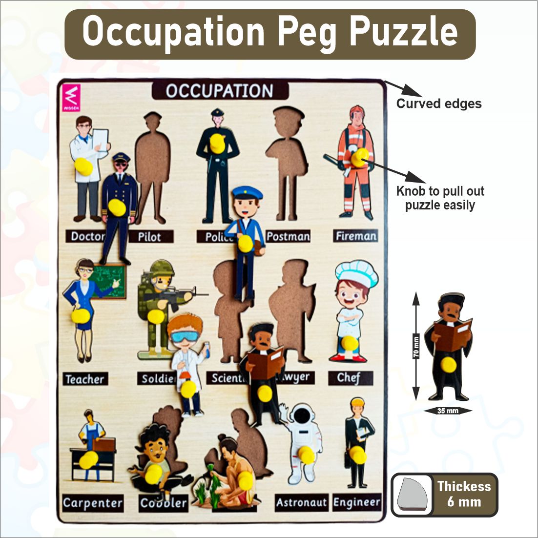 Wooden Occupation peg board puzzle- 12*9 inch