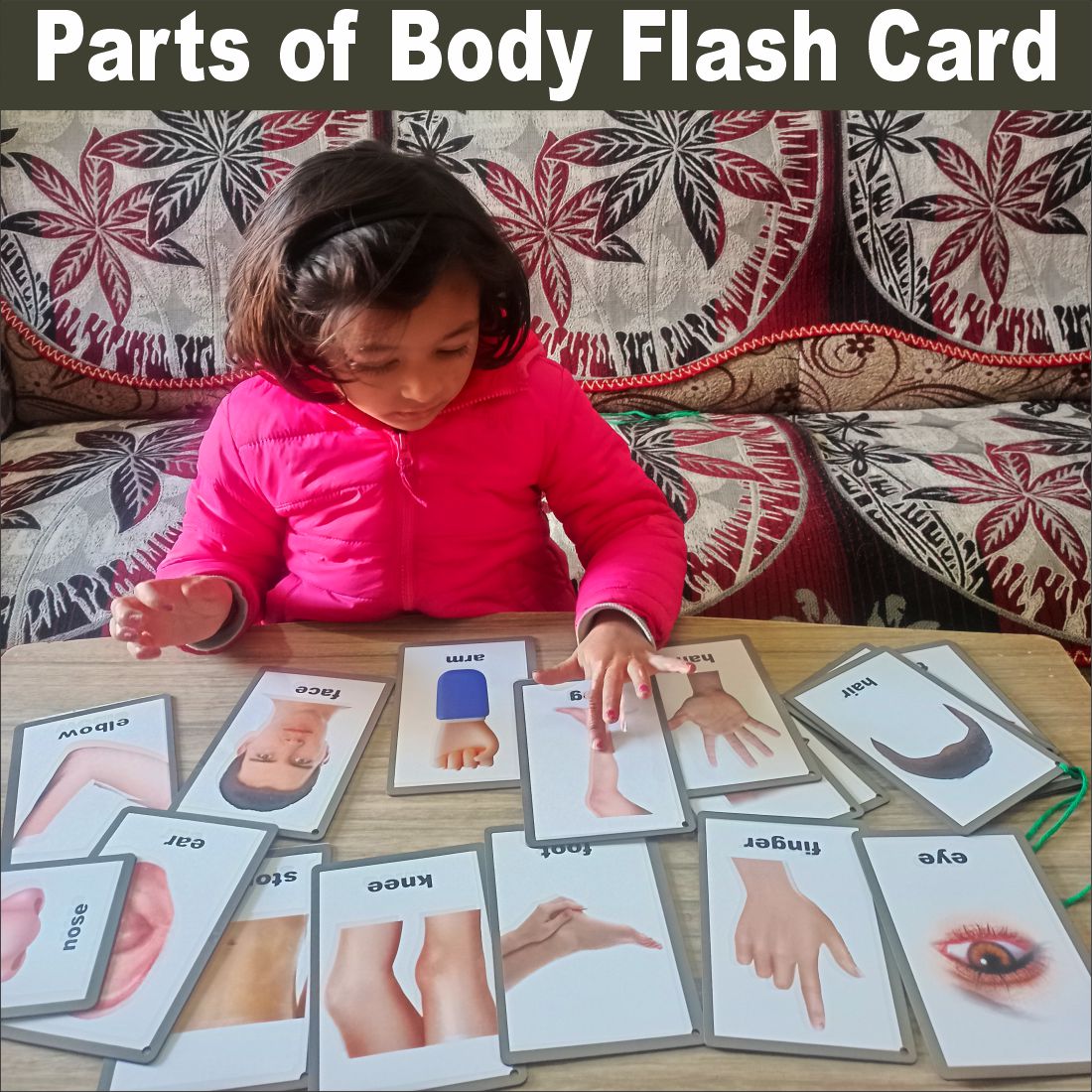 Wooden (MDF) Parts of Body Learning Flash card with lacing thread.