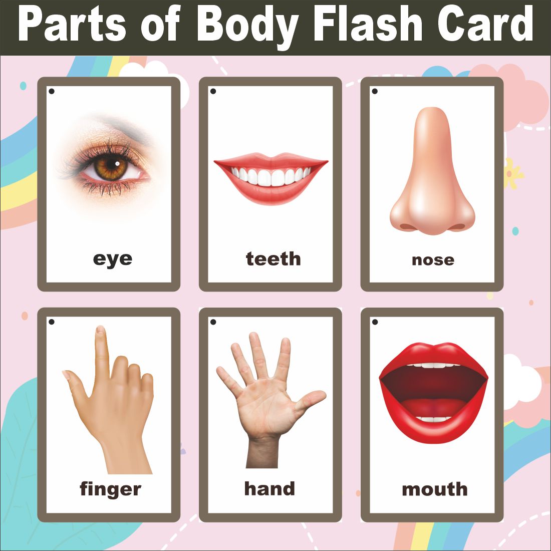 Wooden (MDF) Parts of Body Learning Flash card with lacing thread.