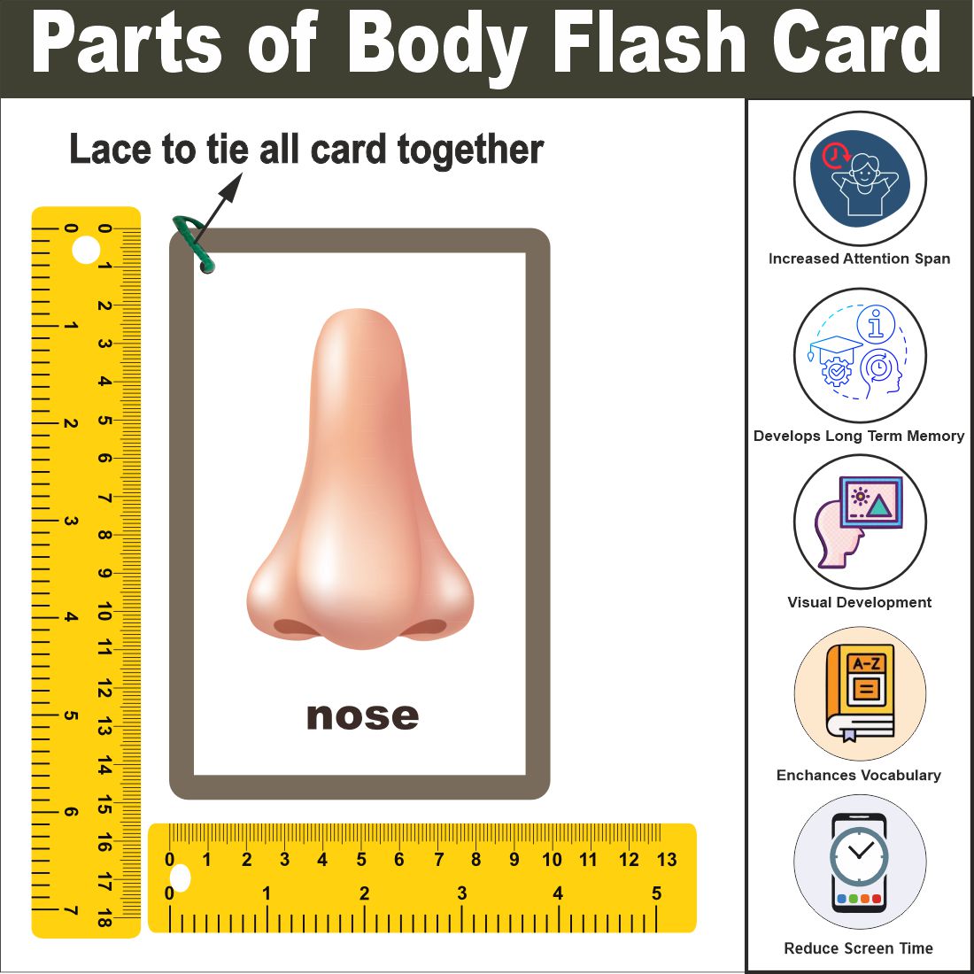 Wooden (MDF) Parts of Body Learning Flash card with lacing thread.