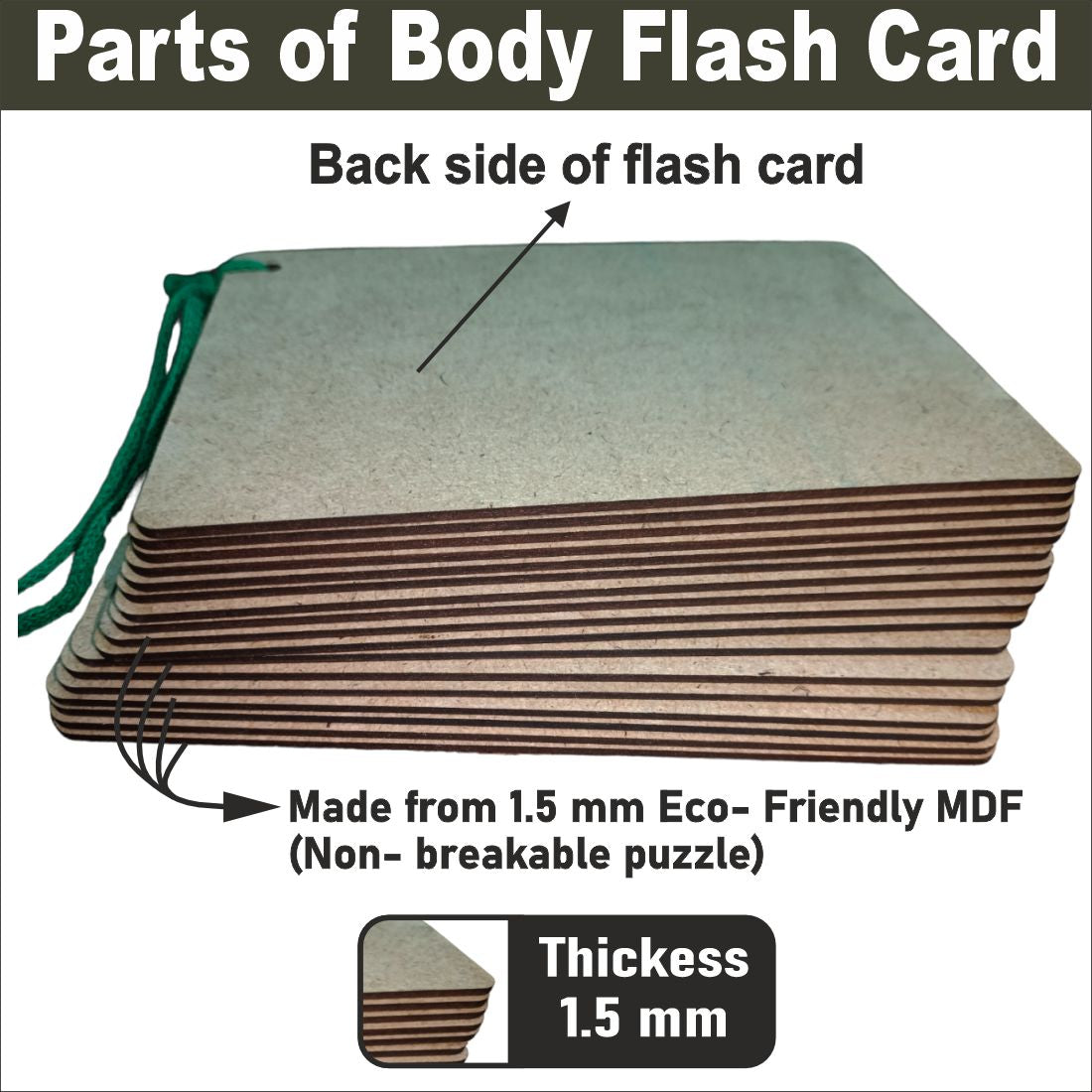 Wooden (MDF) Parts of Body Learning Flash card with lacing thread.