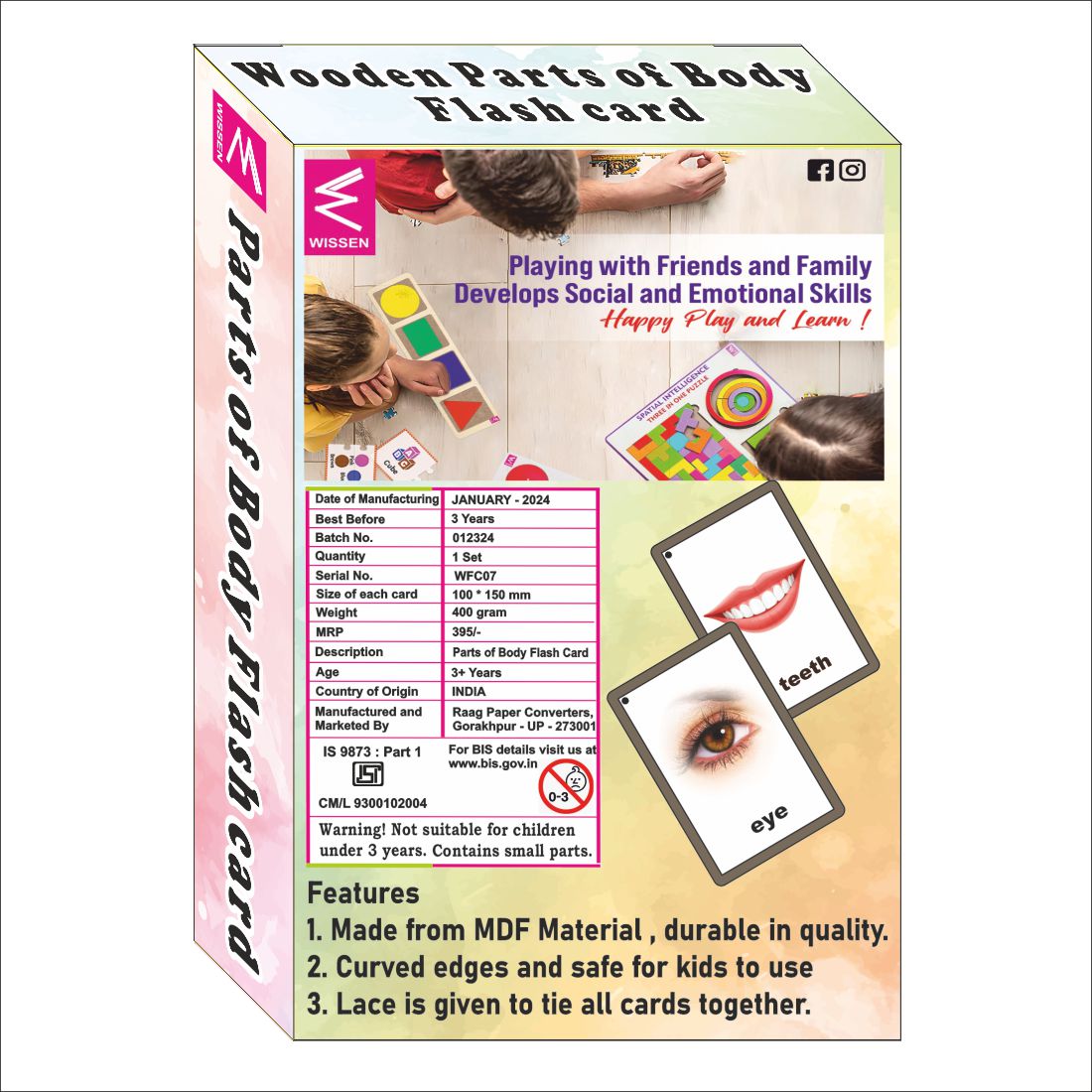 Wooden (MDF) Parts of Body Learning Flash card with lacing thread.