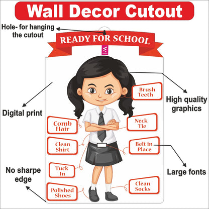 Wooden(MDF) Wall Decor Cutout for kids- Ready for School (Girl)-Learning through Fun design - 12*18 inch