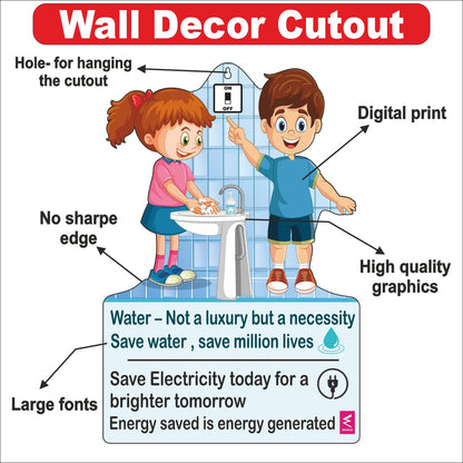 Wooden(MDF) Wall Decor Cutout for kids- Save water, save electricity -Learning through Fun design - 12*18 inch