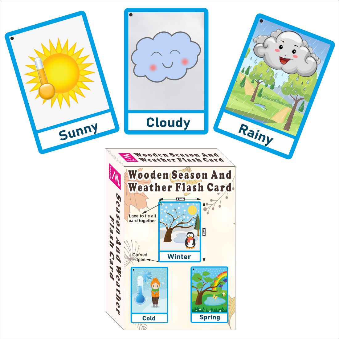 Wooden (MDF) Season and Weather Learning Flash card with lacing thread.