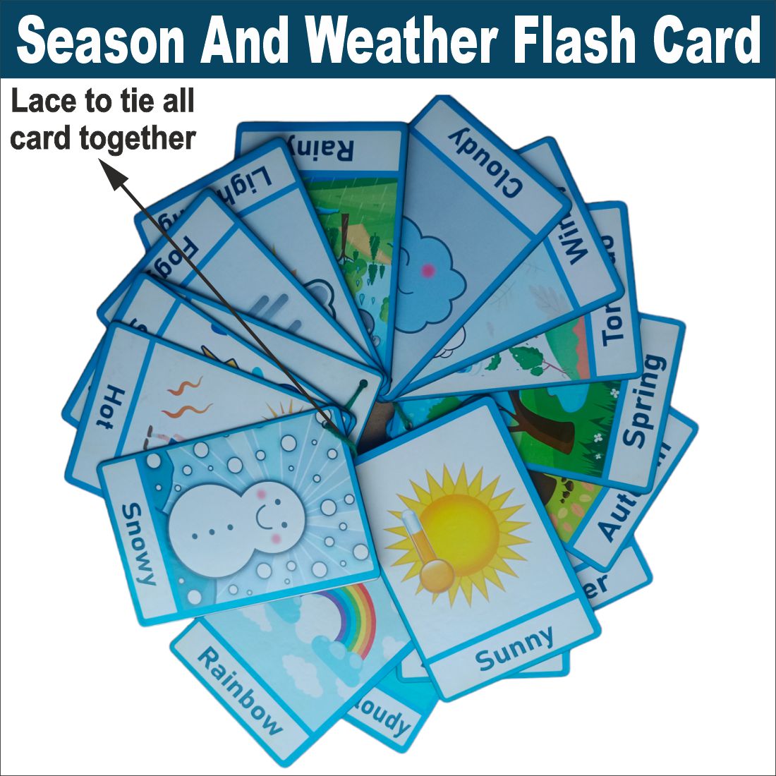 Wooden (MDF) Season and Weather Learning Flash card with lacing thread.