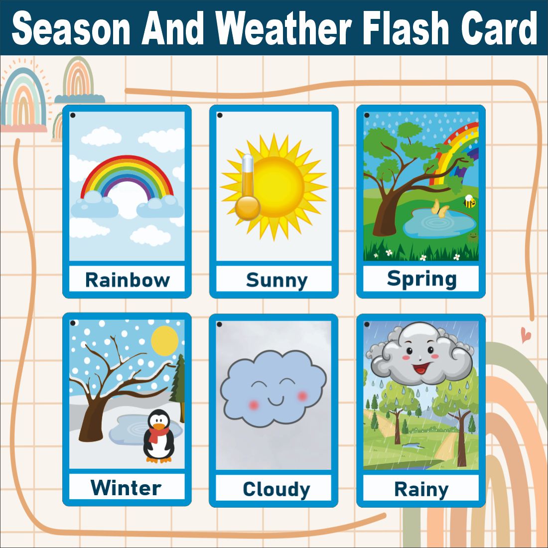 Wooden (MDF) Season and Weather Learning Flash card with lacing thread.