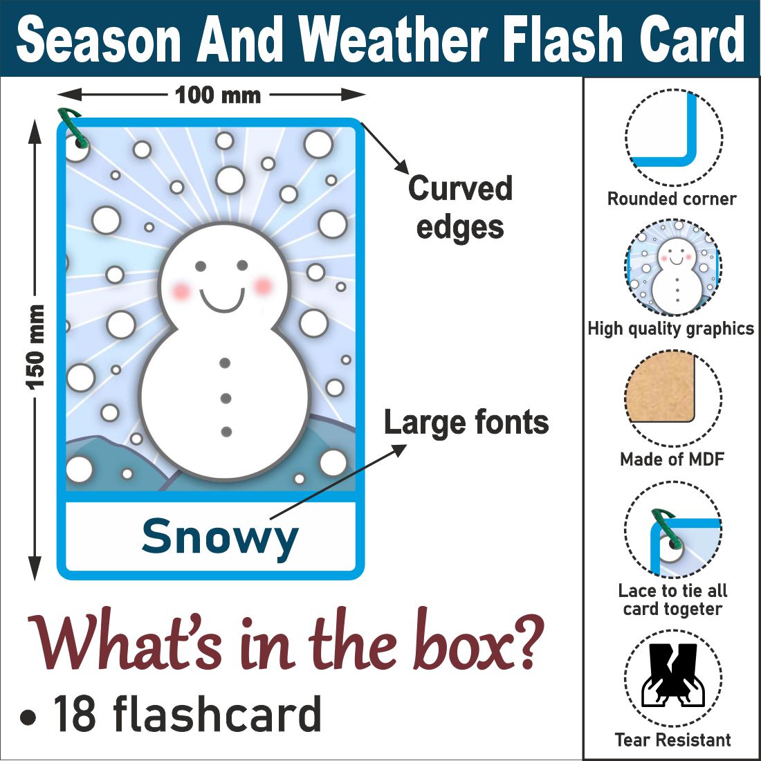 Wooden (MDF) Season and Weather Learning Flash card with lacing thread.