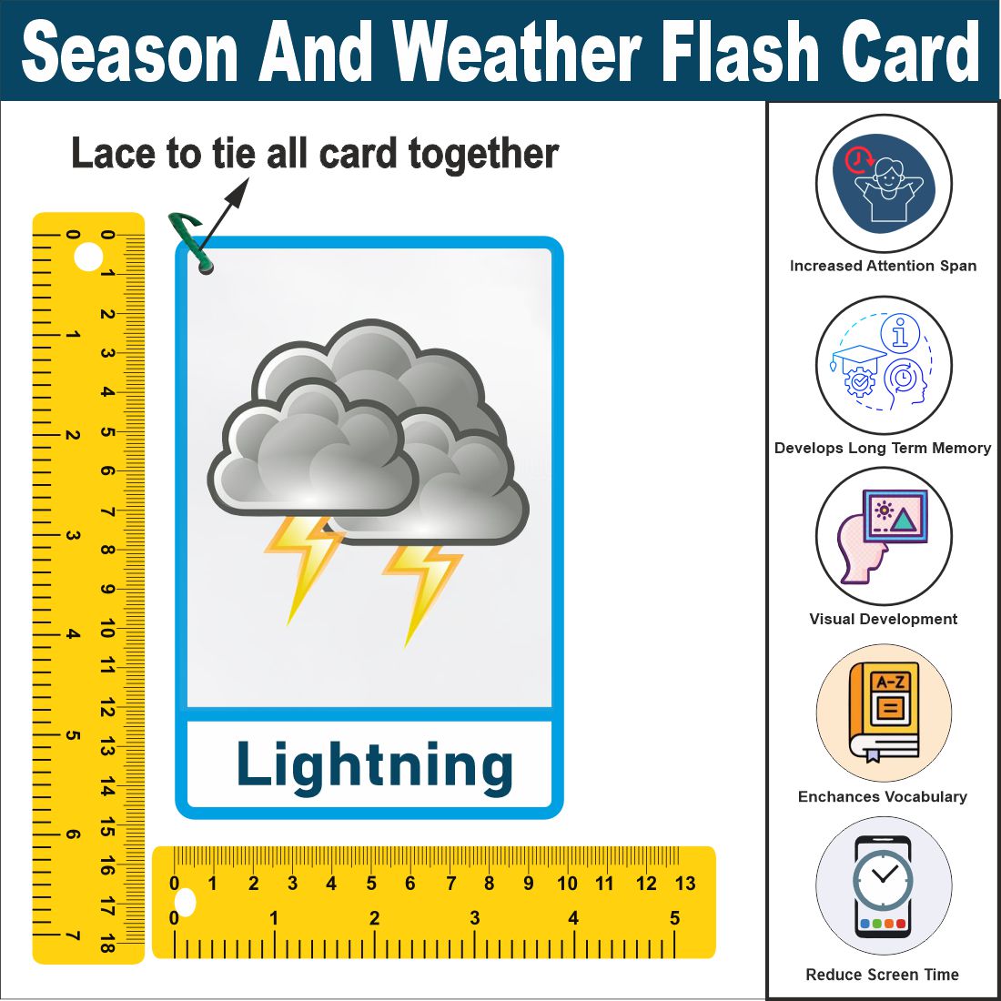 Wooden (MDF) Season and Weather Learning Flash card with lacing thread.