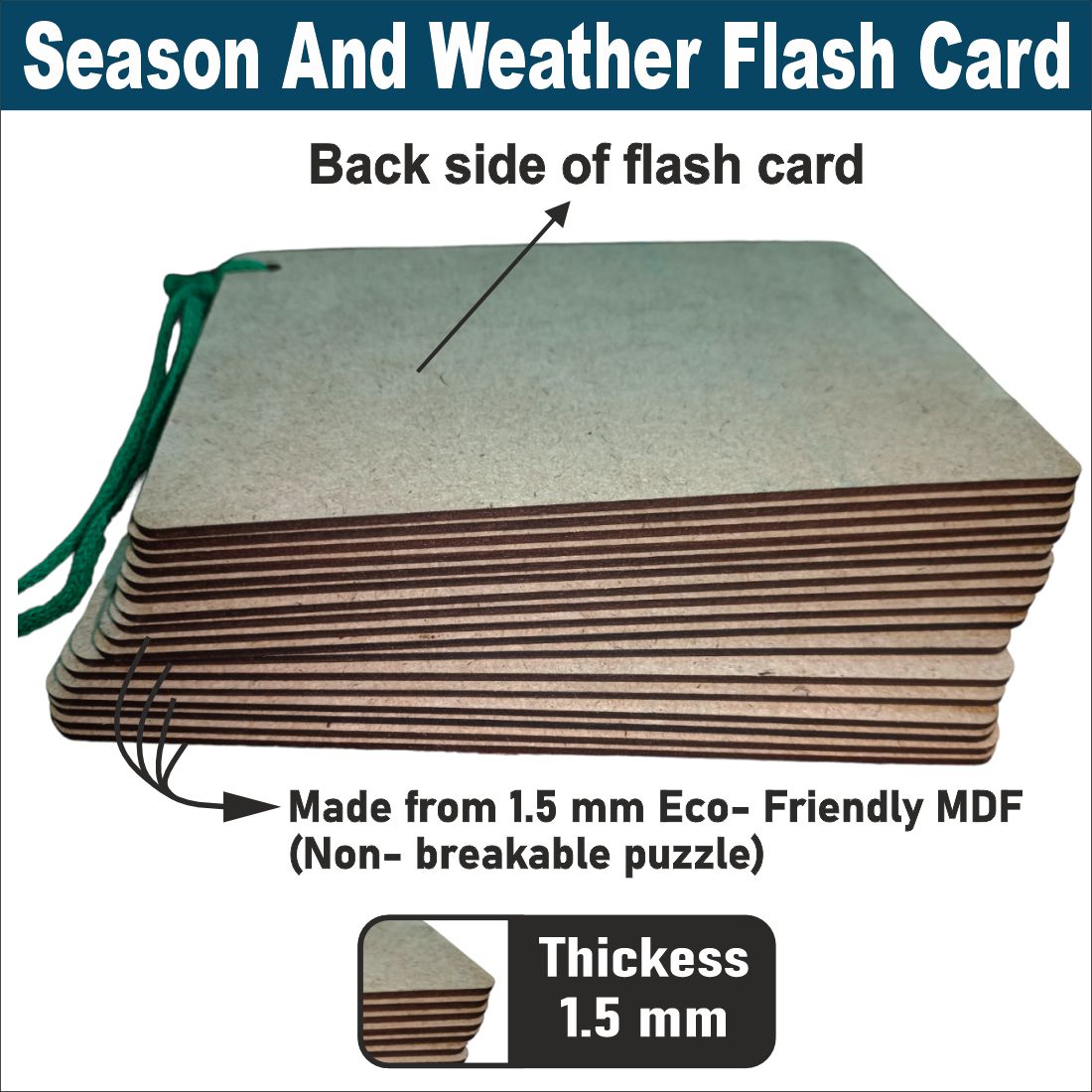 Wooden (MDF) Season and Weather Learning Flash card with lacing thread.