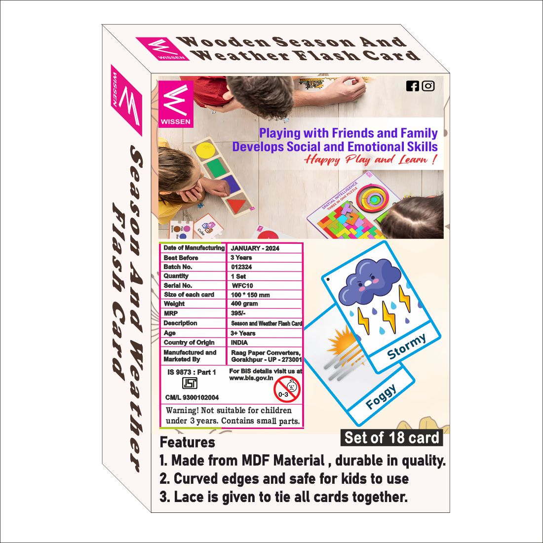 Wooden (MDF) Season and Weather Learning Flash card with lacing thread.